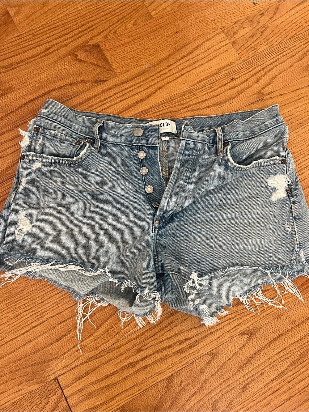 Agolde Light Blue Parker Distressed High-Rise Denim Shorts Buttonfly size 28